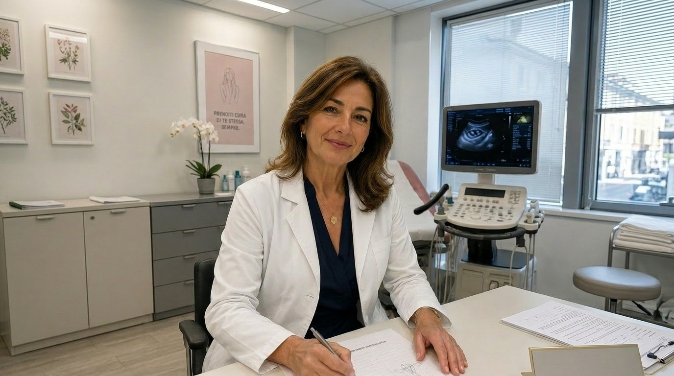 Donna 55 anni in menopausa con pancetta gonfia e viso a luna piena
